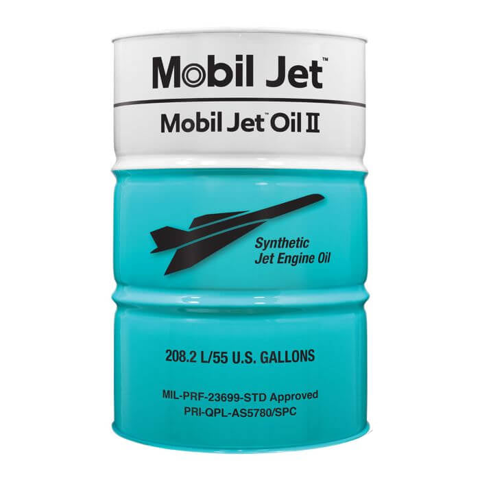 Mobil Jet Oil II 208L drum, high-performance synthetic turbine oil for aircraft engines, available in Luanda - Angola.