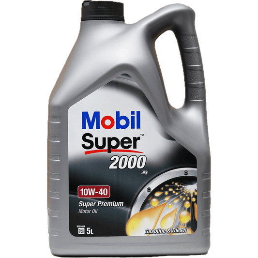 Mobil Super 2000 10W40 5L, premium semi-synthetic engine oil for gasoline and diesel, enhanced wear protection.