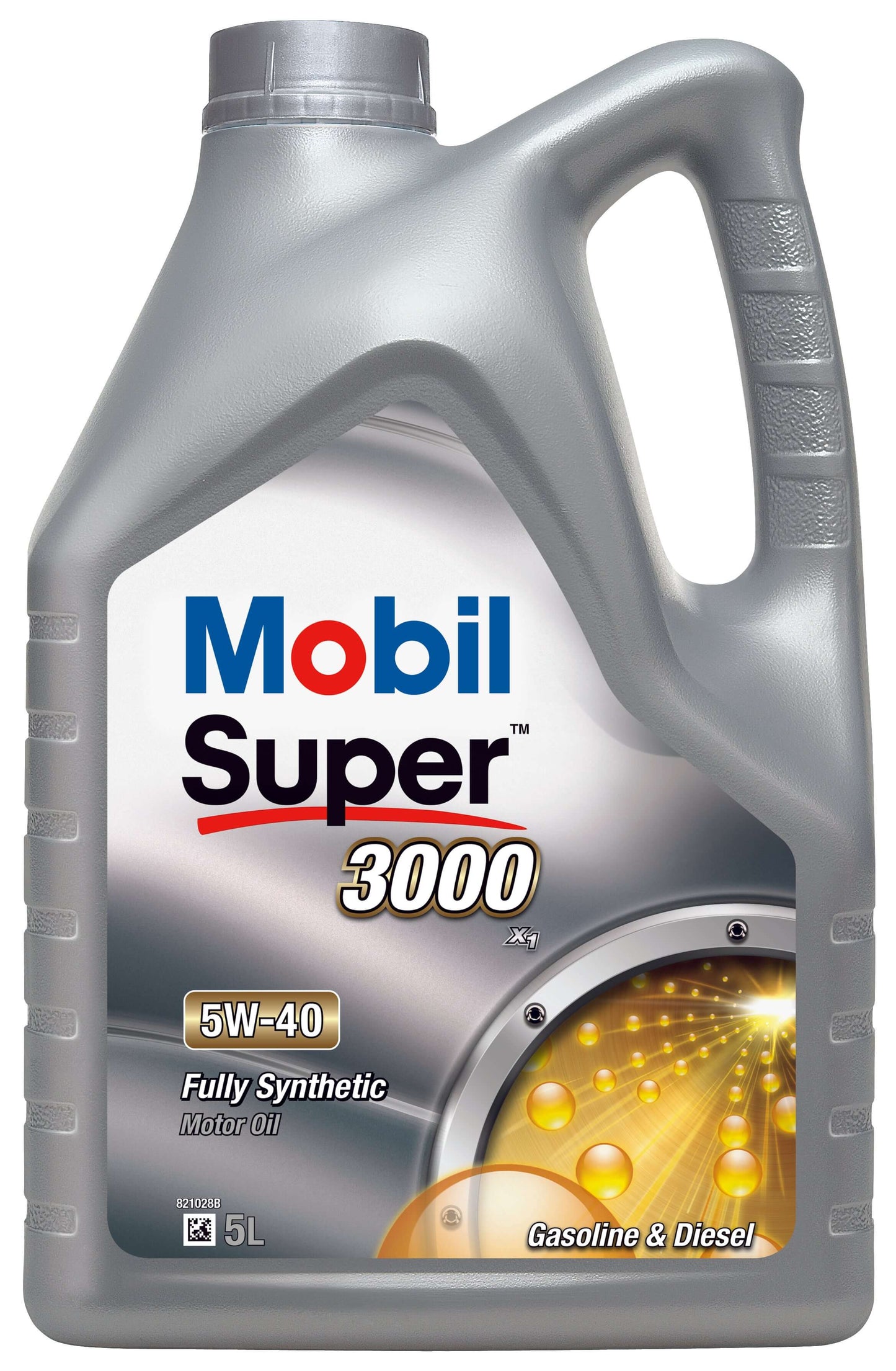 Mobil Super 3000 X1 5W40 motor oil, fully synthetic, 5L bottle for gasoline and diesel engines, premium wear protection.