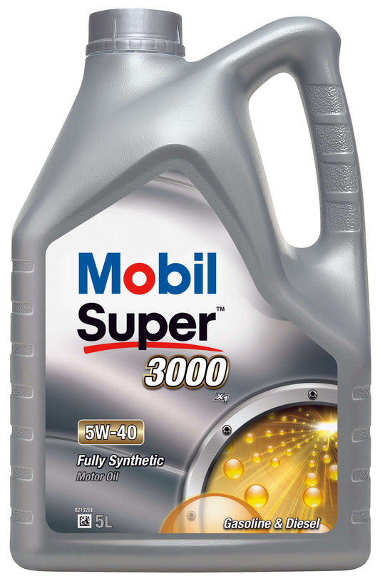 Mobil Super 3000 X1 5W40 motor oil, fully synthetic, 5L bottle for gasoline and diesel engines, premium wear protection.